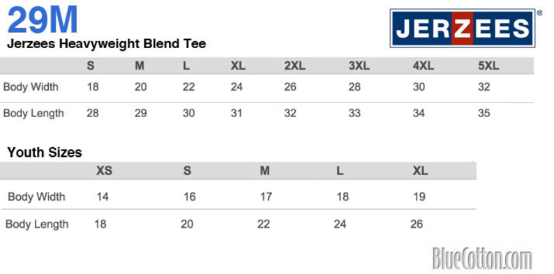 Size chart for a 29MP Jerzees Pocket Tee